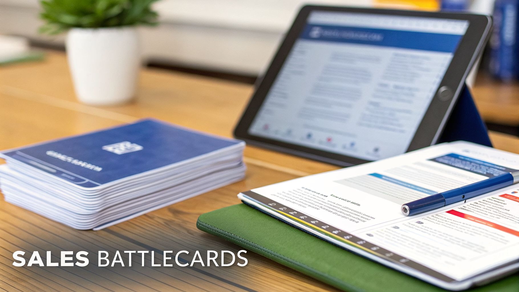 A desk with a stack of blue sales battlecards, a tablet, and a document with a pen, illustrating sales enablement tools.