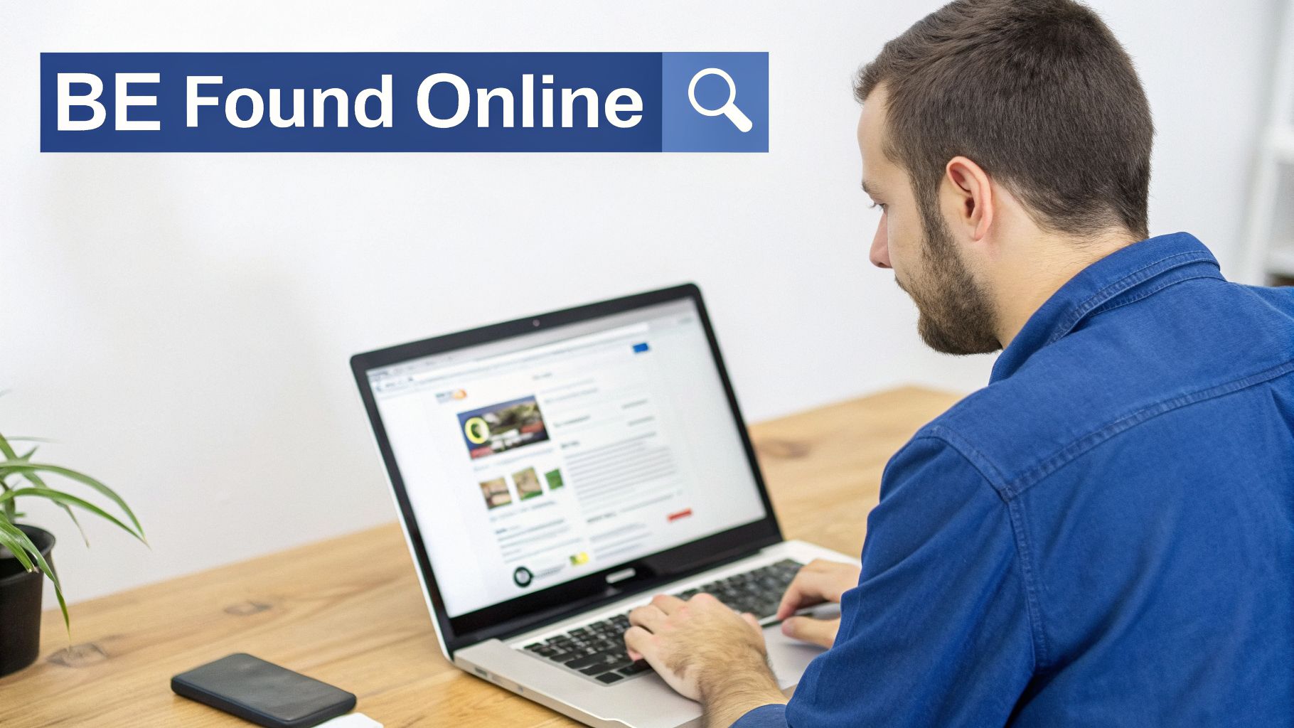 A man typing on a laptop at a desk, with an overlaid search bar saying 'BE Found Online'.