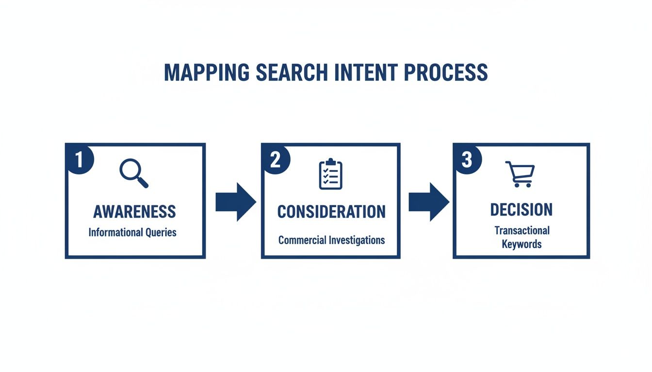 Flowchart illustrating the three stages of the search intent mapping process: awareness, consideration, and decision.