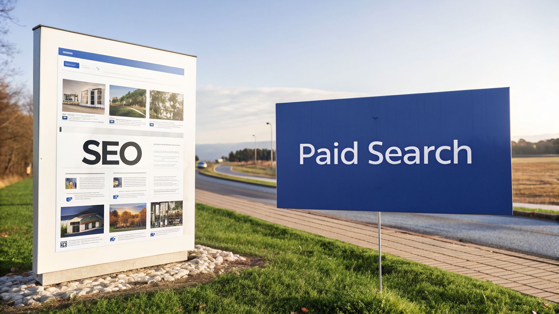 Two roadside signs, one with 'SEO' content and the other a blue sign stating 'Paid Search'.