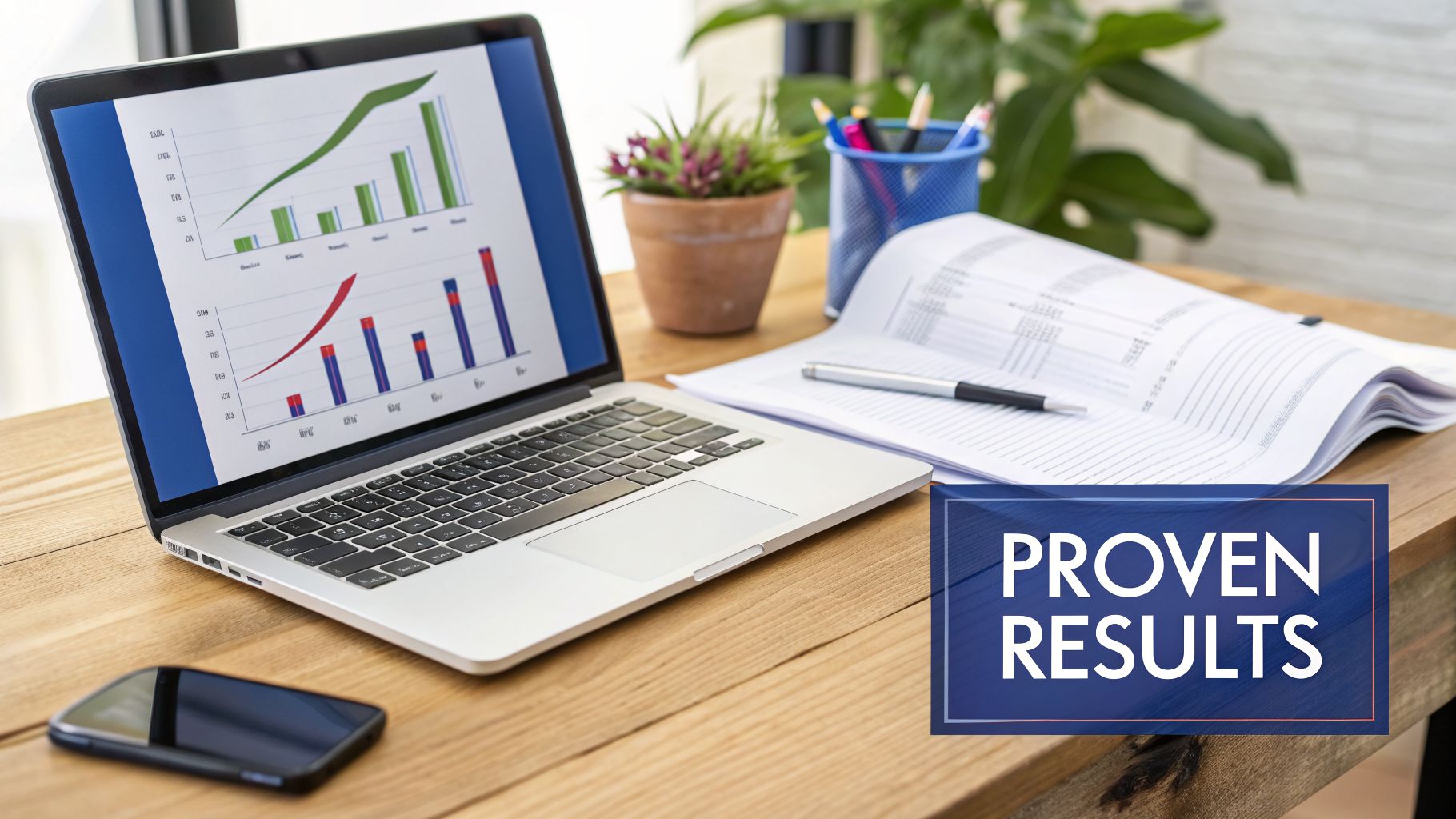 A laptop displaying business growth charts and graphs on a wooden desk with documents and a smartphone.