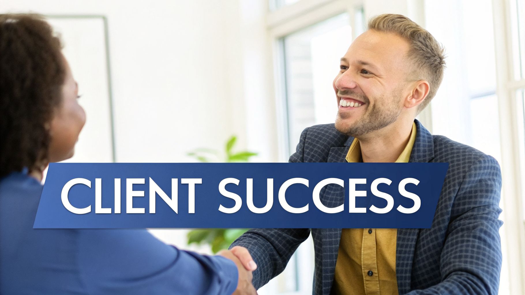 Two smiling professionals shaking hands, celebrating client success in a bright, modern office.