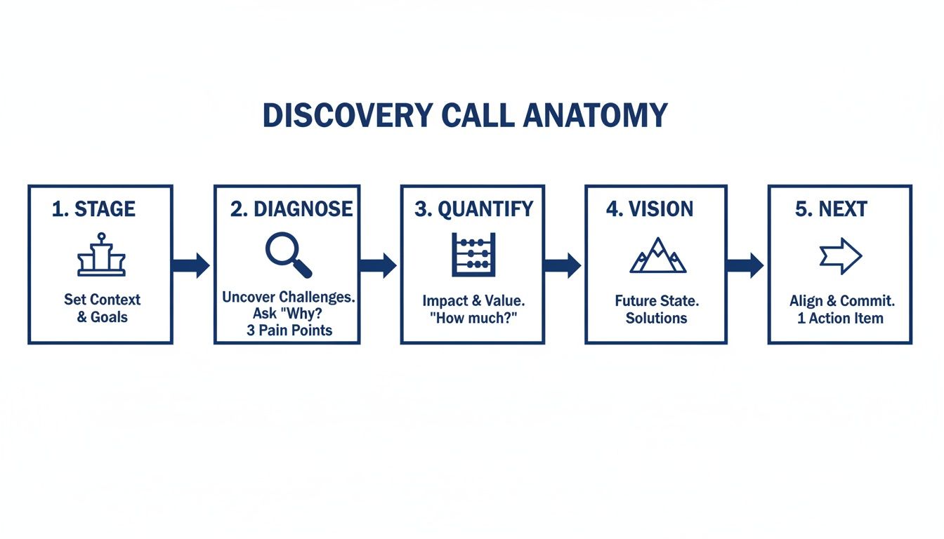 A five-step process diagram illustrating the anatomy of a discovery call, from staging to next steps.
