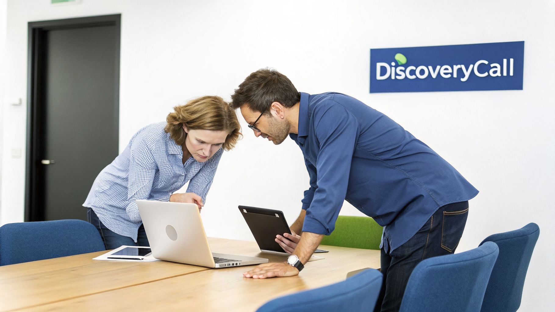 Two colleagues collaboratively examining a laptop and tablet on a meeting room table, with a DiscoveryCall logo.