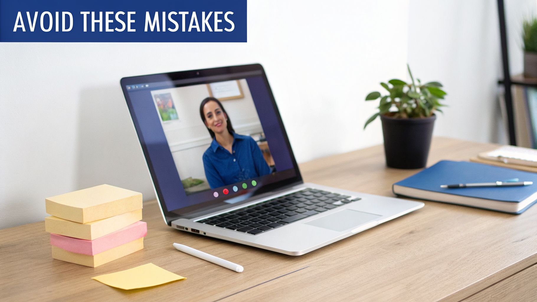 Laptop on a wooden desk displaying a video call with a smiling woman, alongside sticky notes and a pen.
