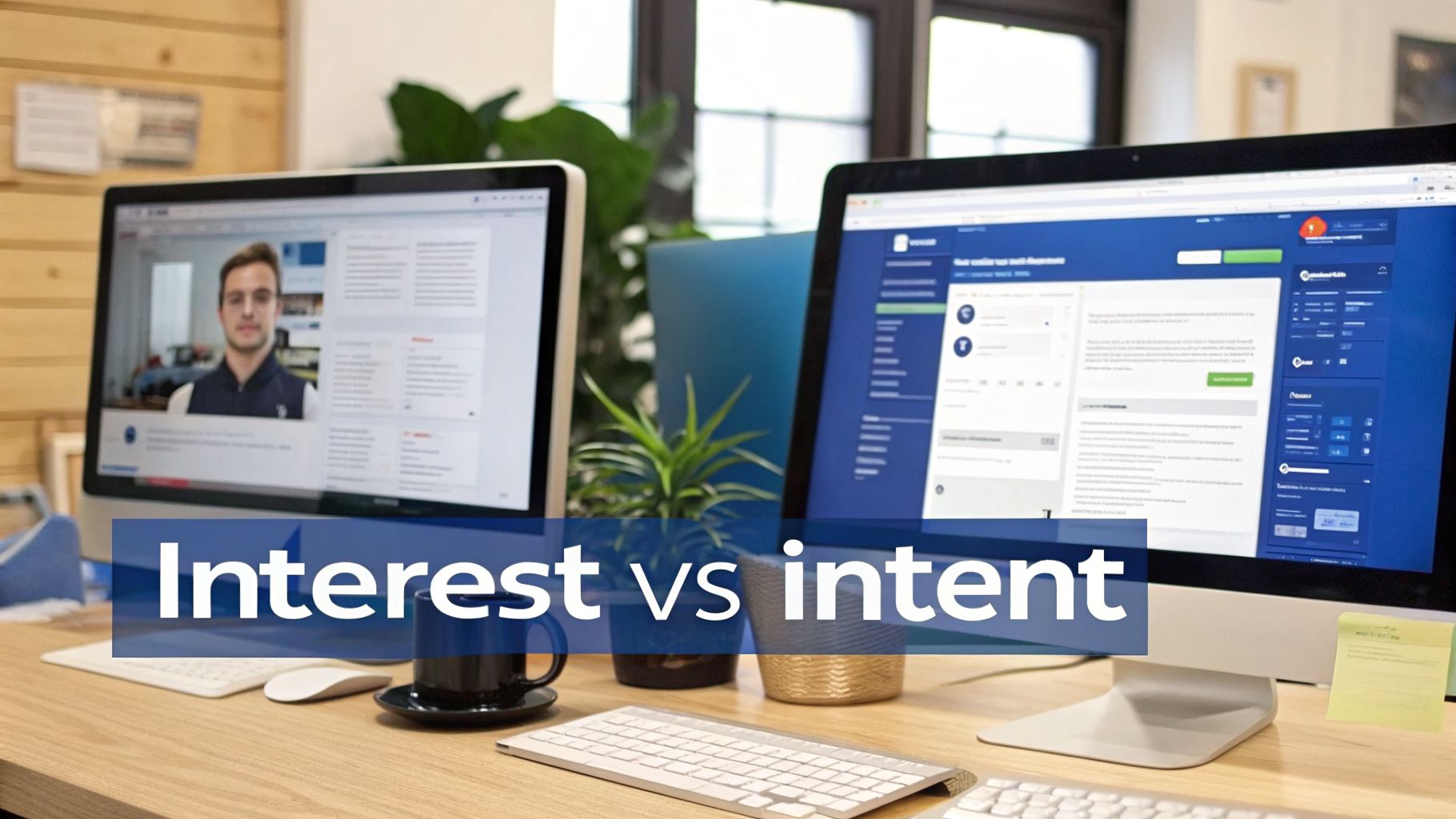 Two computer monitors on a modern wooden desk with a plant, coffee, and 'Interest vs intent' overlay.