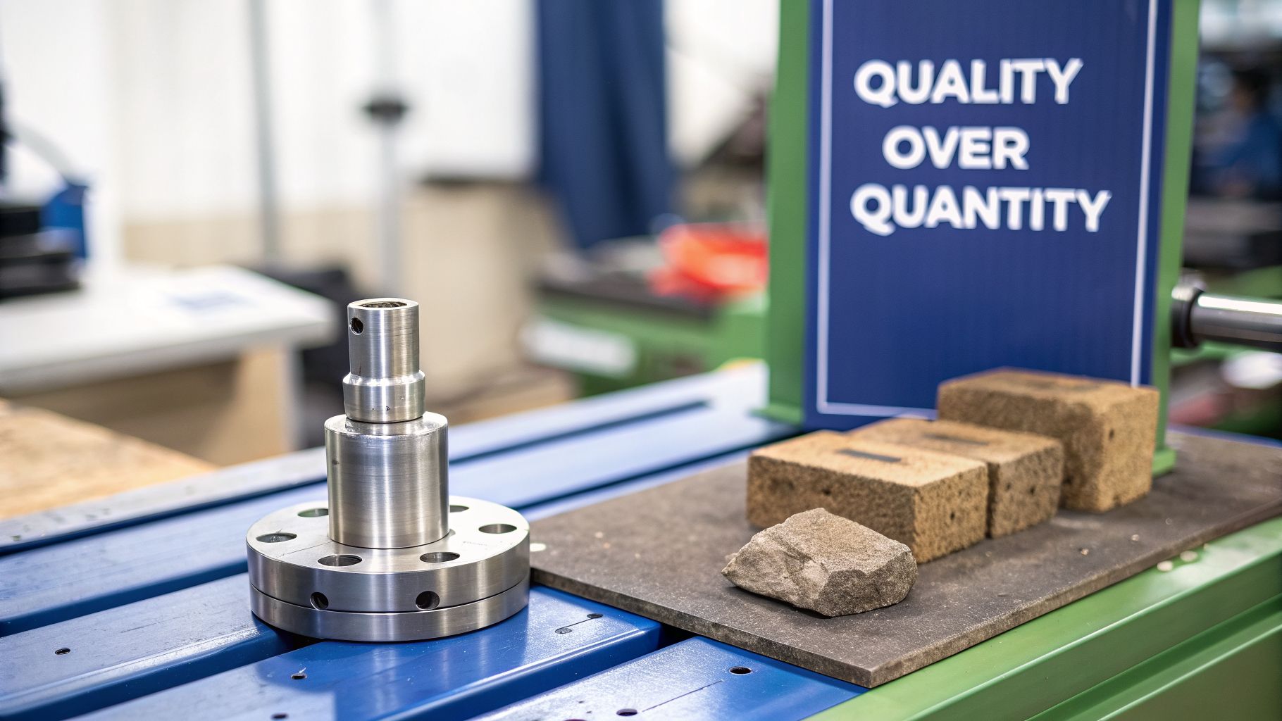 A polished metal part next to a sign reading 'QUALITY OVER QUANTITY' in an industrial workshop.