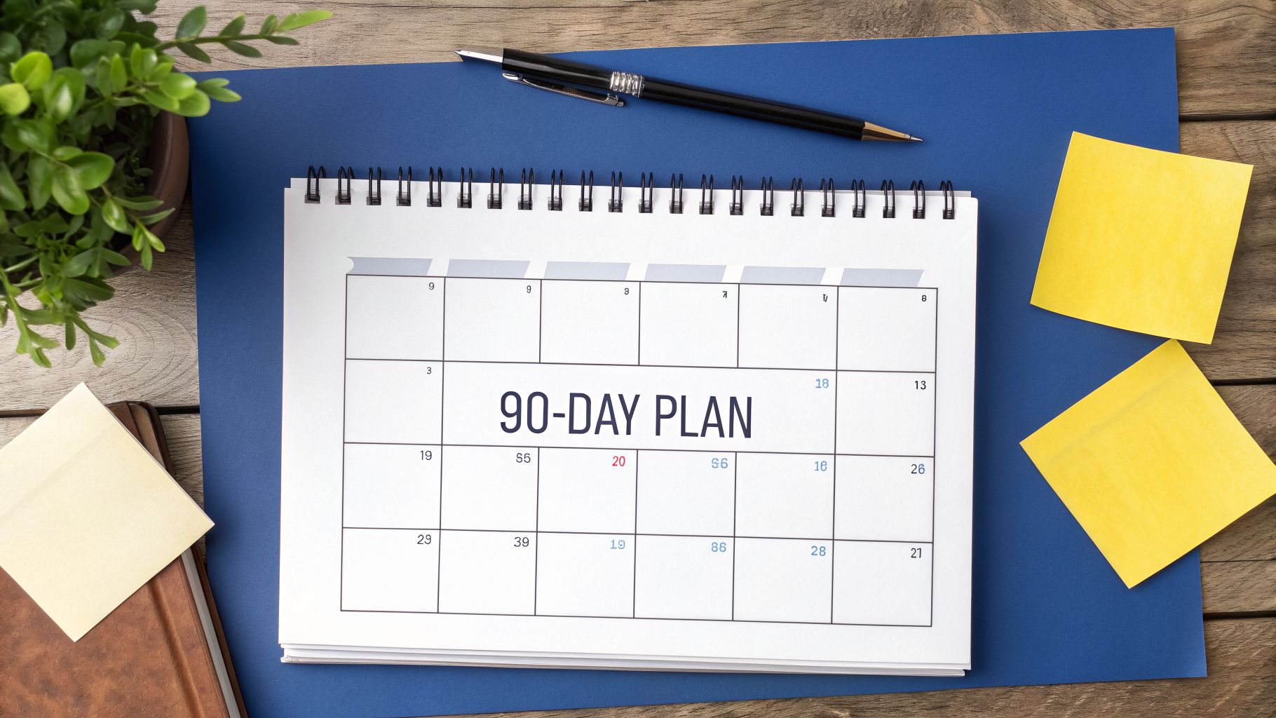 A desk calendar displays a '90-DAY PLAN' page, surrounded by office supplies on a wooden table.