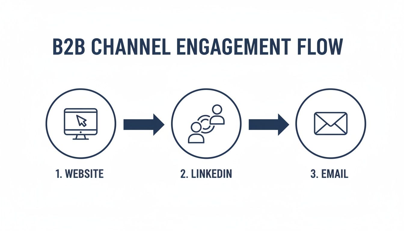 A B2B channel engagement flow illustrating website, LinkedIn, and email in a sequential process.