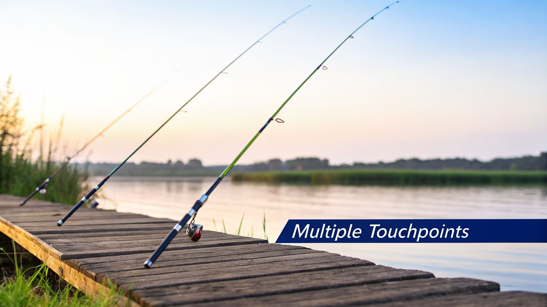 Three fishing rods rest on a wooden dock by a calm lake at sunrise or sunset.