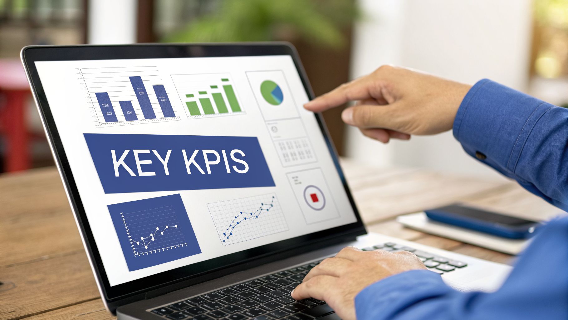 Close-up of a person's hand pointing at a laptop displaying 'KEY KPIS' and various data charts.