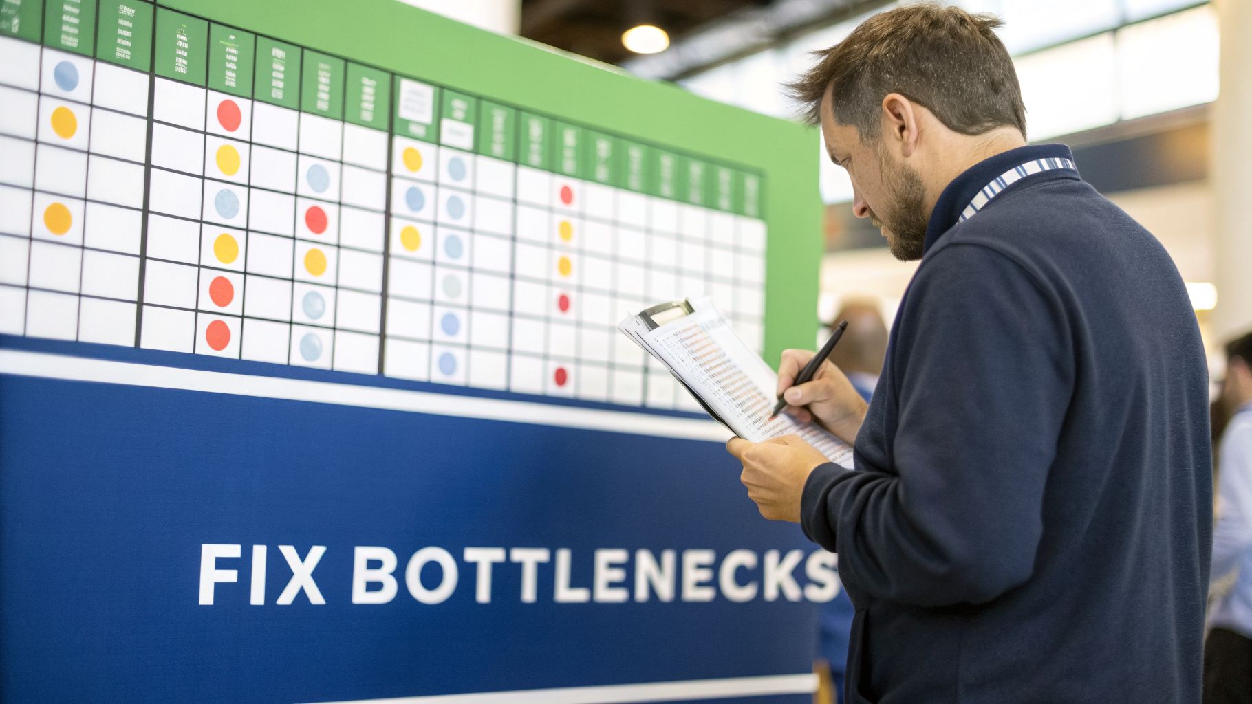 A man writes on a clipboard in front of a board displaying colored dots and 'FIX BOTTLENECKS'.