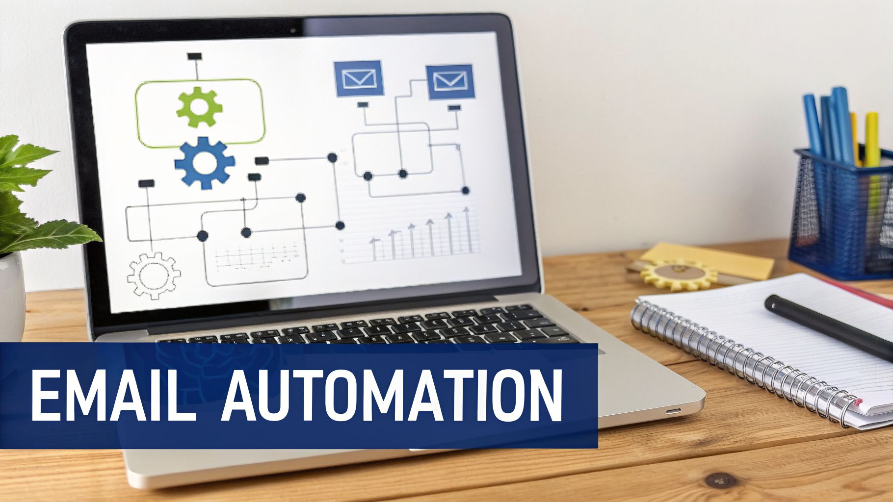 Laptop screen displays email automation workflow diagram with gears and email icons on a desk.