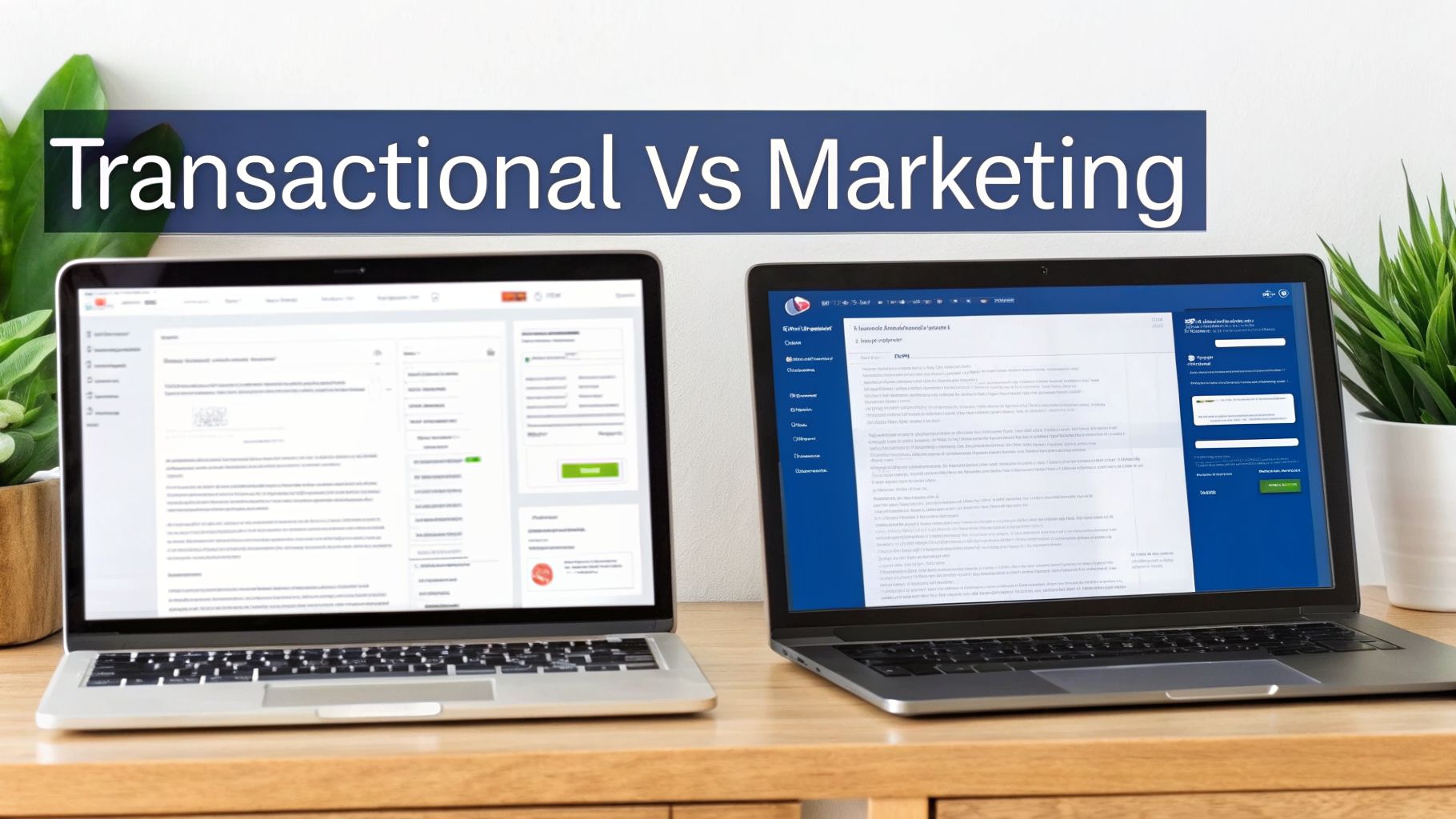 Two laptops display software interfaces on a wooden desk, highlighting 'Transactional Vs Marketing' concepts.