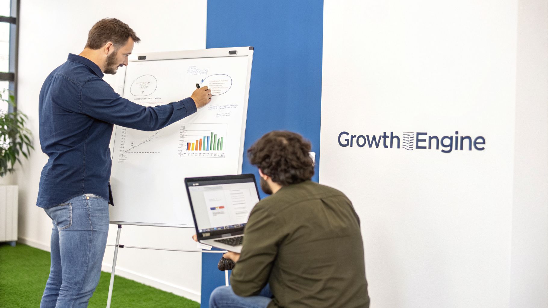 Two men collaborating in an office, one writing on a whiteboard with charts, the other using a laptop.