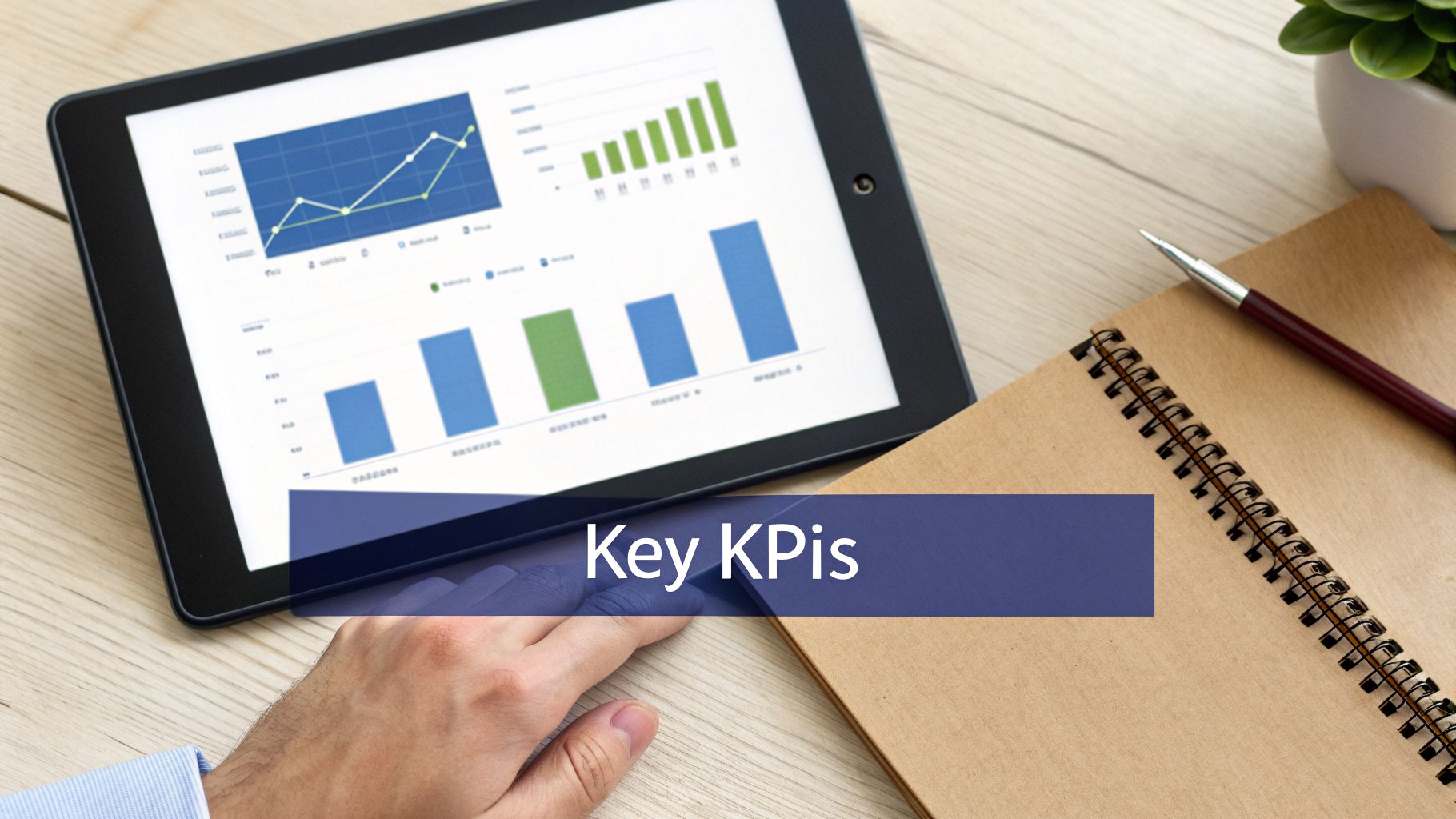 Overhead view of a tablet displaying business charts and KPIs, with a hand, notebook, and pen on a wooden desk.