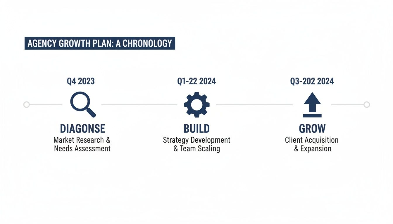 Chronological plan for agency growth showing diagnose, build, and grow phases with dates.