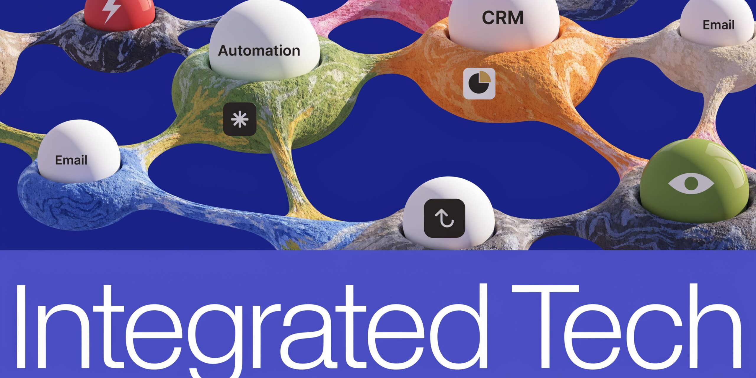 A 3D network graphic showing white spheres representing interconnected digital marketing and automation technology services.