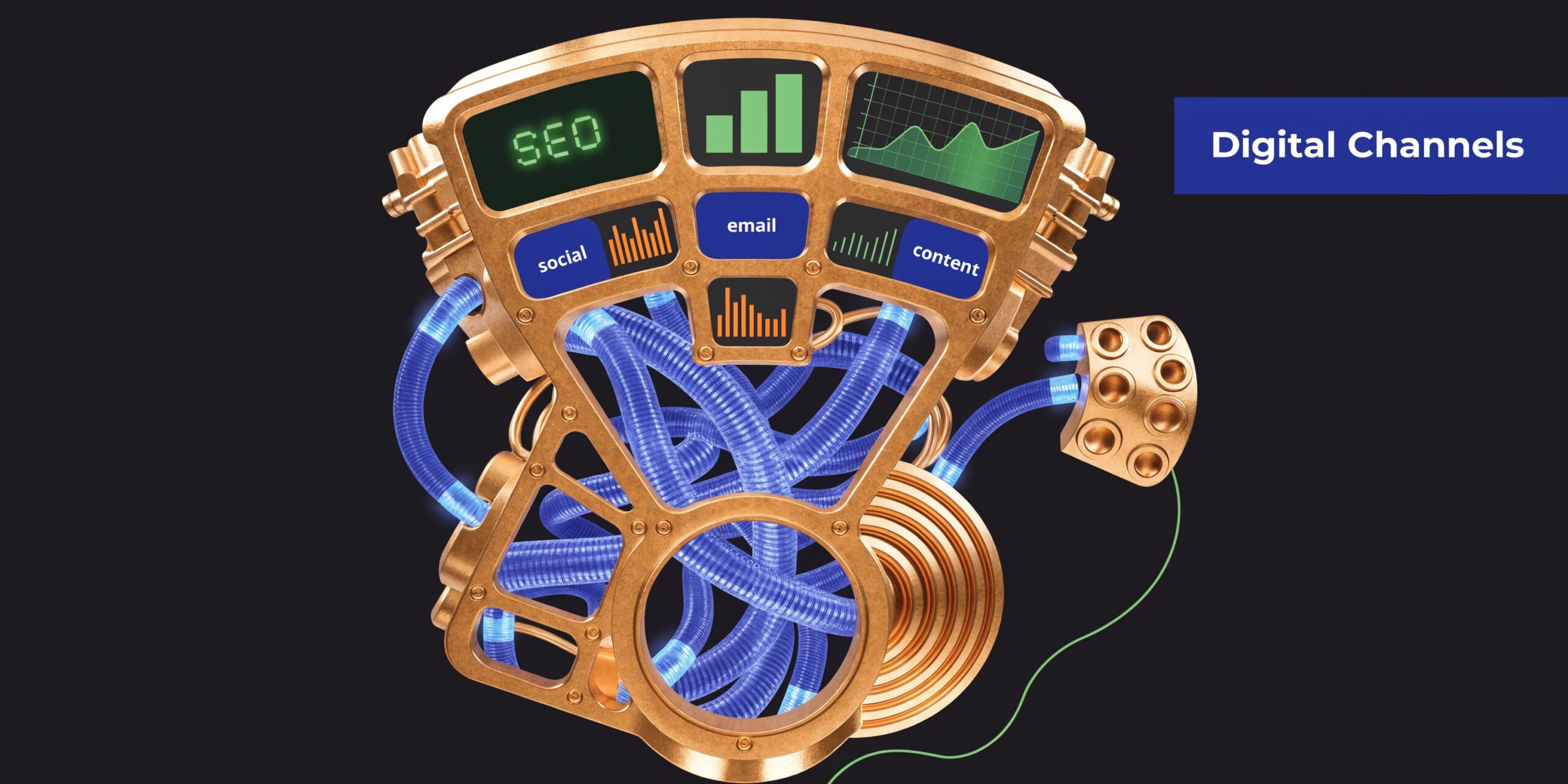 A 3D metallic digital marketing engine graphic featuring various icons representing SEO, social media, email, and content channels.