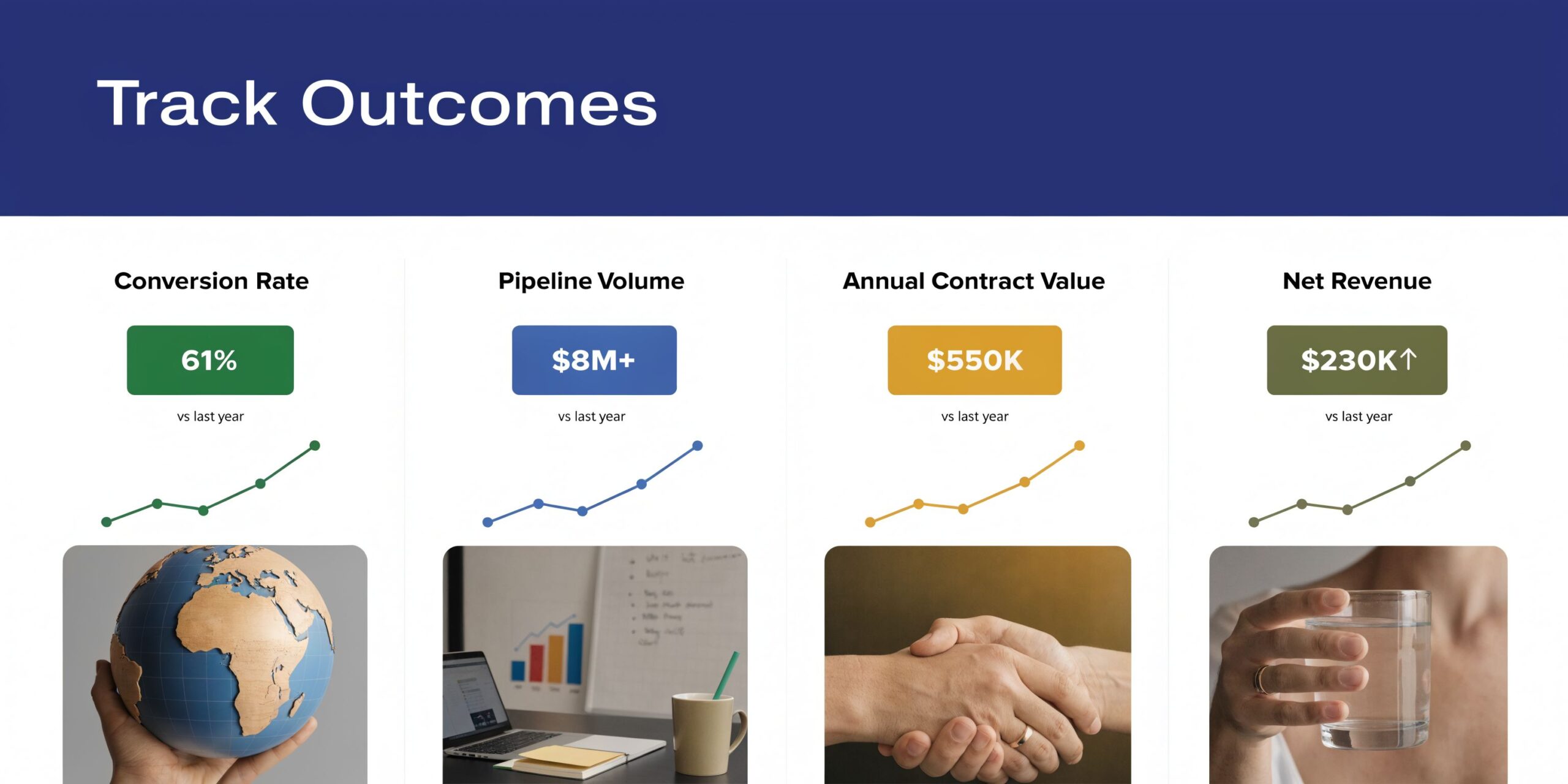 A data dashboard displaying four key B2B digital marketing performance metrics with trend graphs and professional imagery.