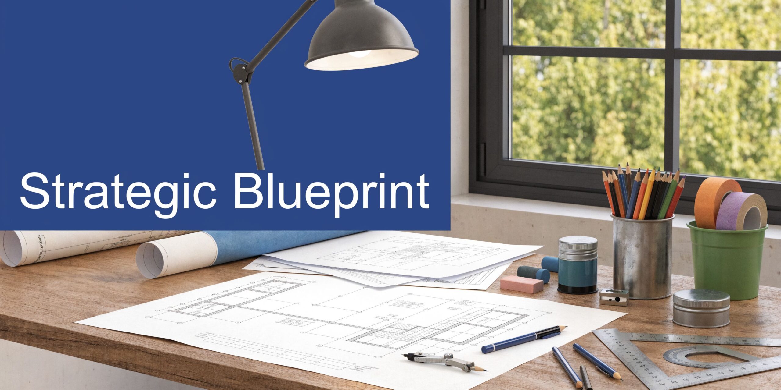 A professional architectural desk featuring blueprints, drafting tools, a lamp, and pencils for strategic planning.