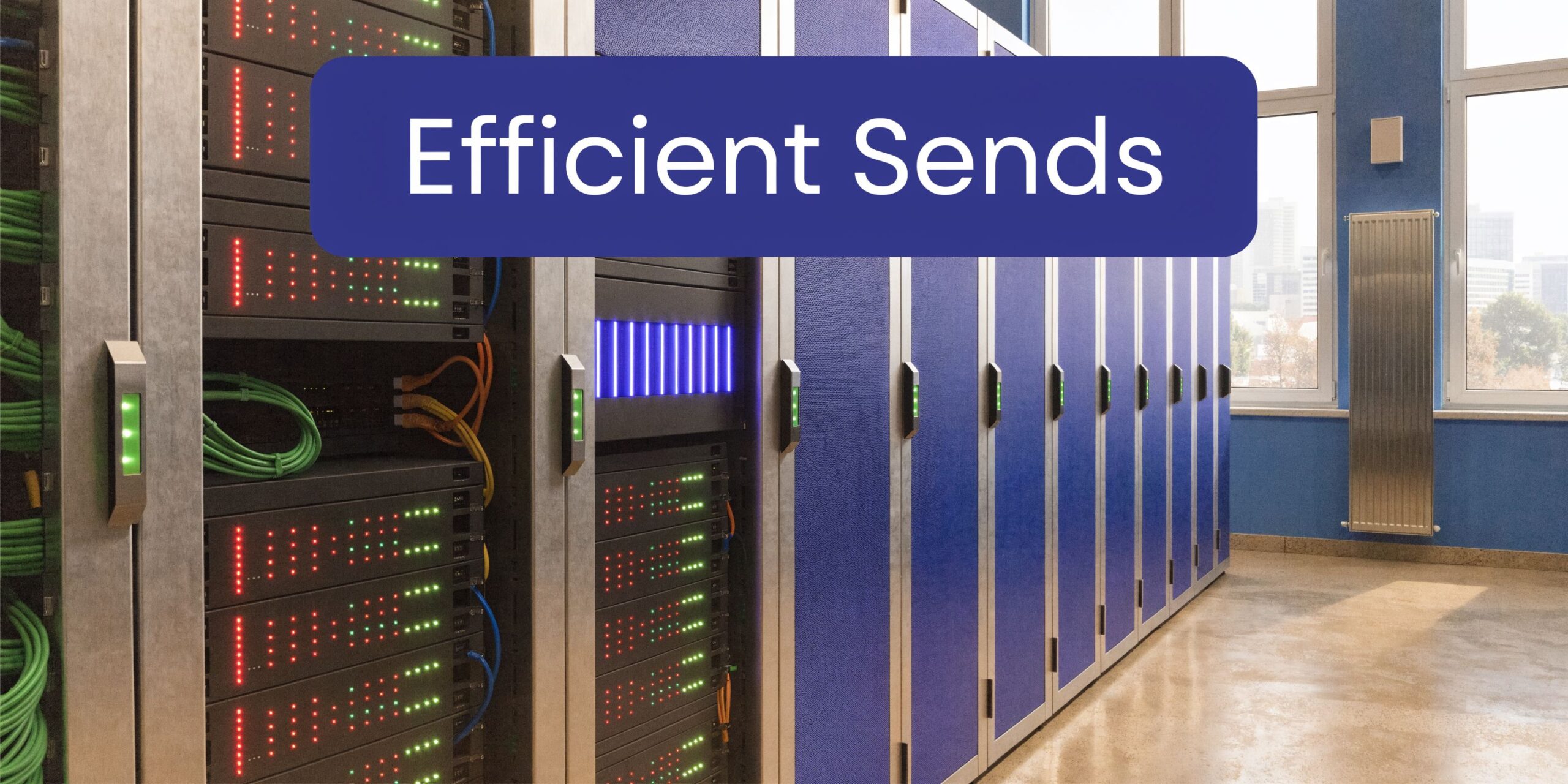 A row of modern server racks in a data center with blue panels and glowing status lights.