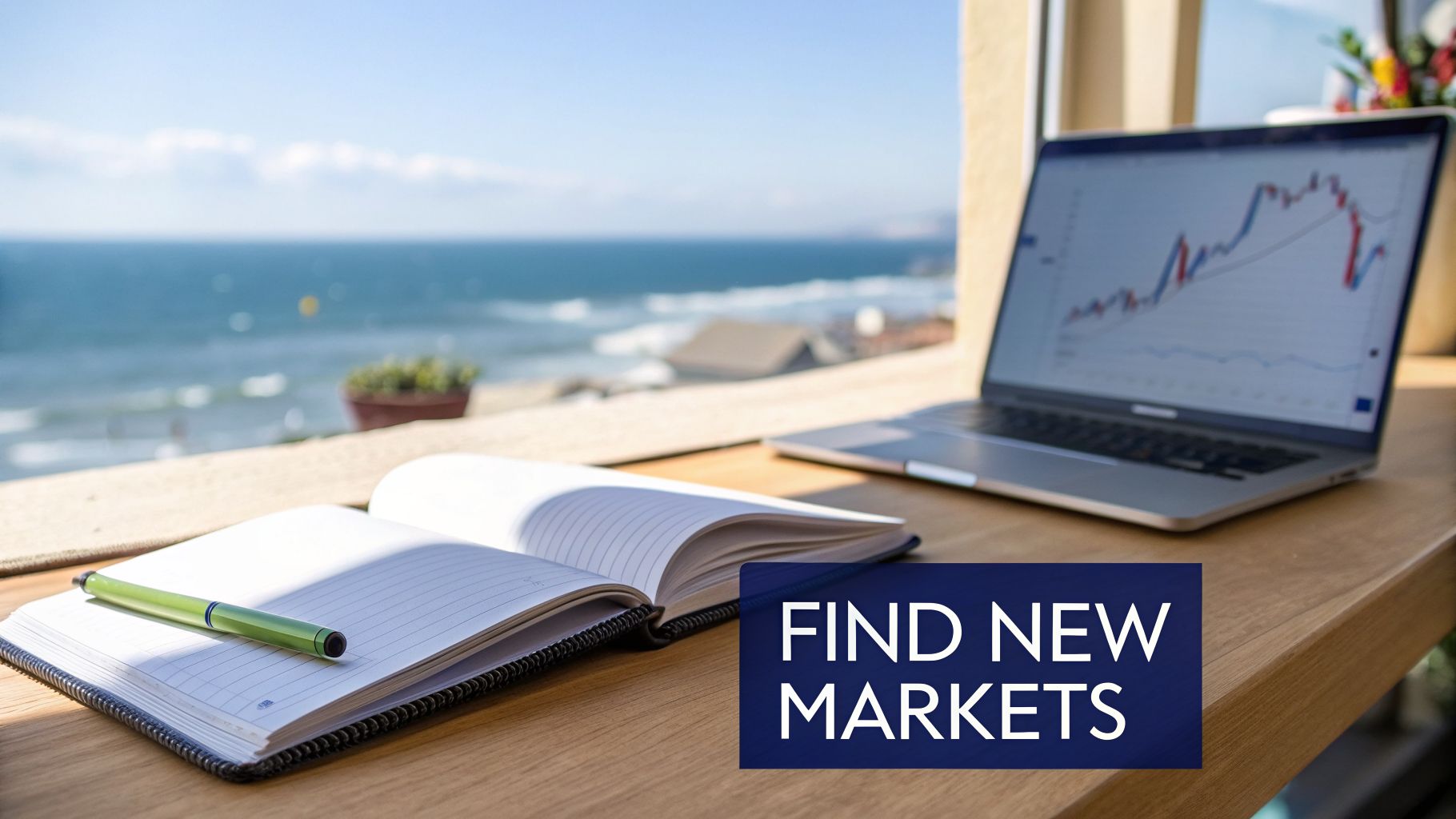 Productive remote workspace with a laptop, notebook, and pen, ocean view, and 'FIND NEW MARKETS' text.