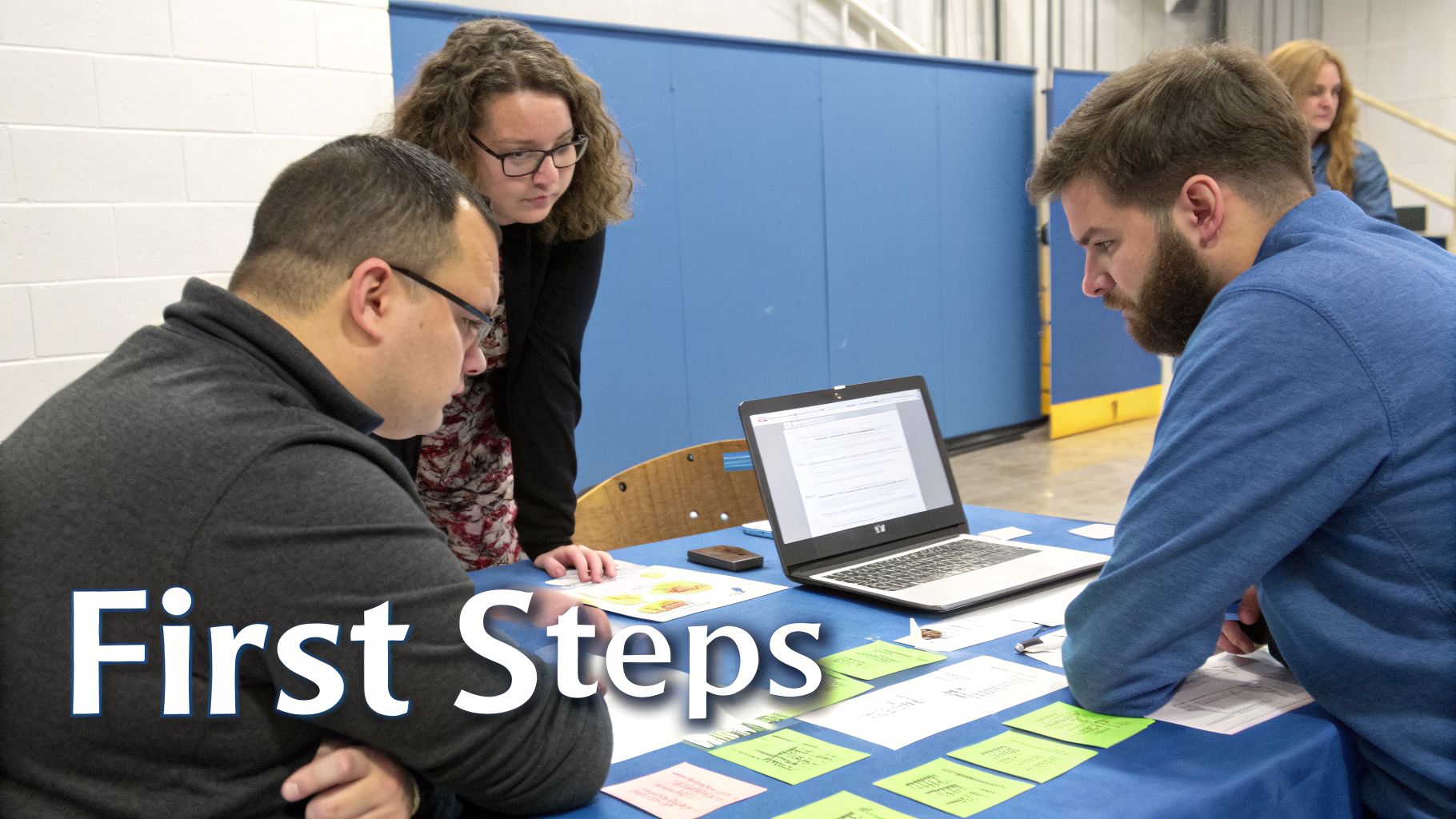 Three colleagues engage in a team planning session, reviewing a laptop and documents on a blue table.