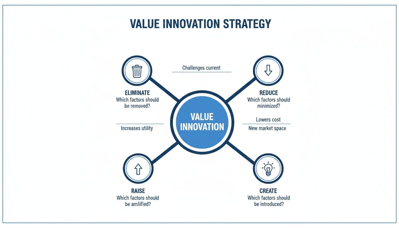 Diagram illustrating the Value Innovation Strategy with four actions: eliminate, reduce, raise, and create.
