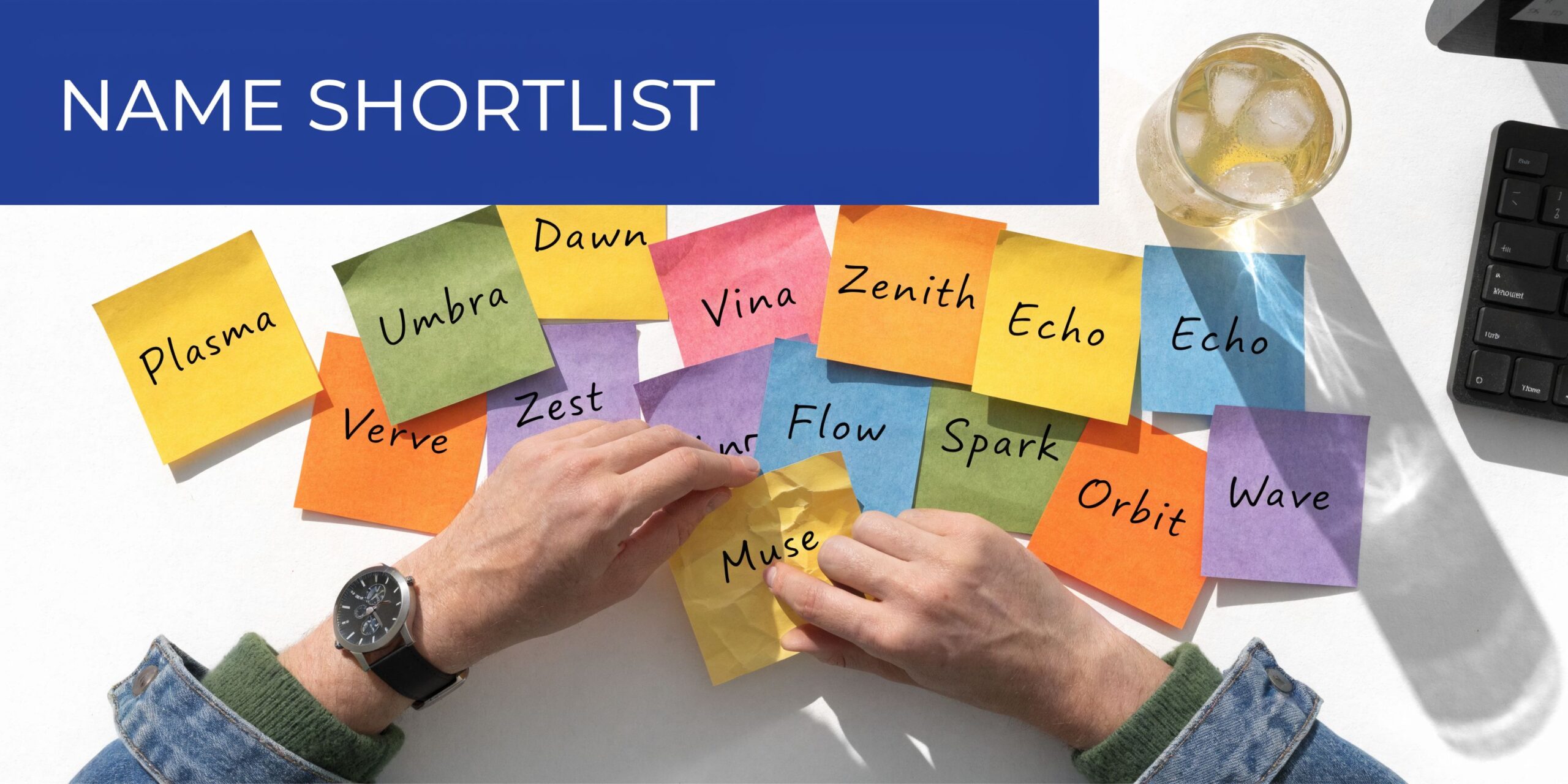 A person selecting a sticky note with the name Muse among various brainstormed naming options.