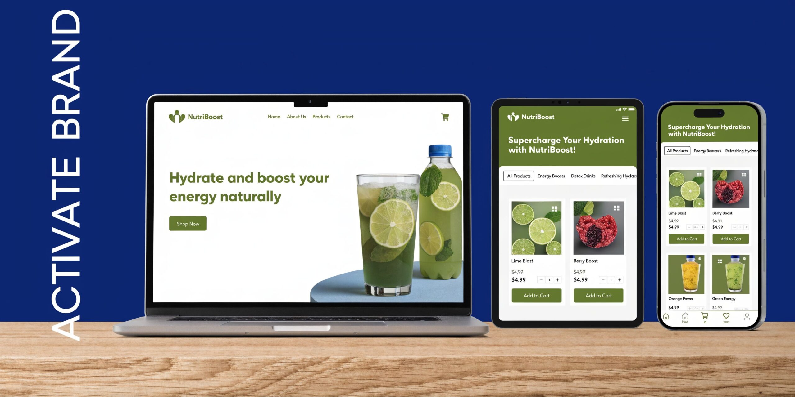 A laptop, tablet, and smartphone displaying the NutriBoost website across different screen sizes on a wooden table.