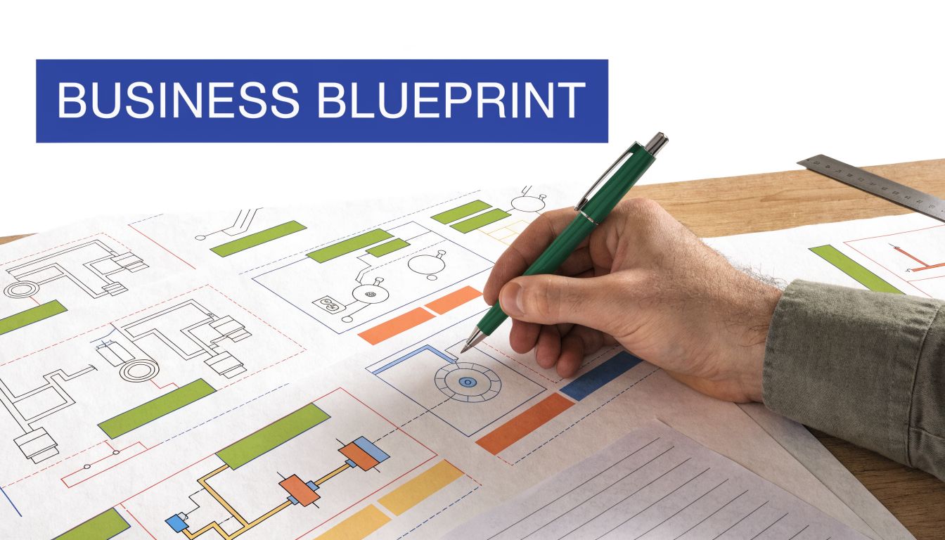 A professional hand using a pen to draw on a detailed business blueprint document on a desk.