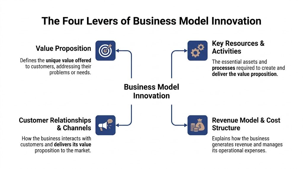 A diagram illustrating the four levers of business model innovation including value, resources, relationships, and revenue.