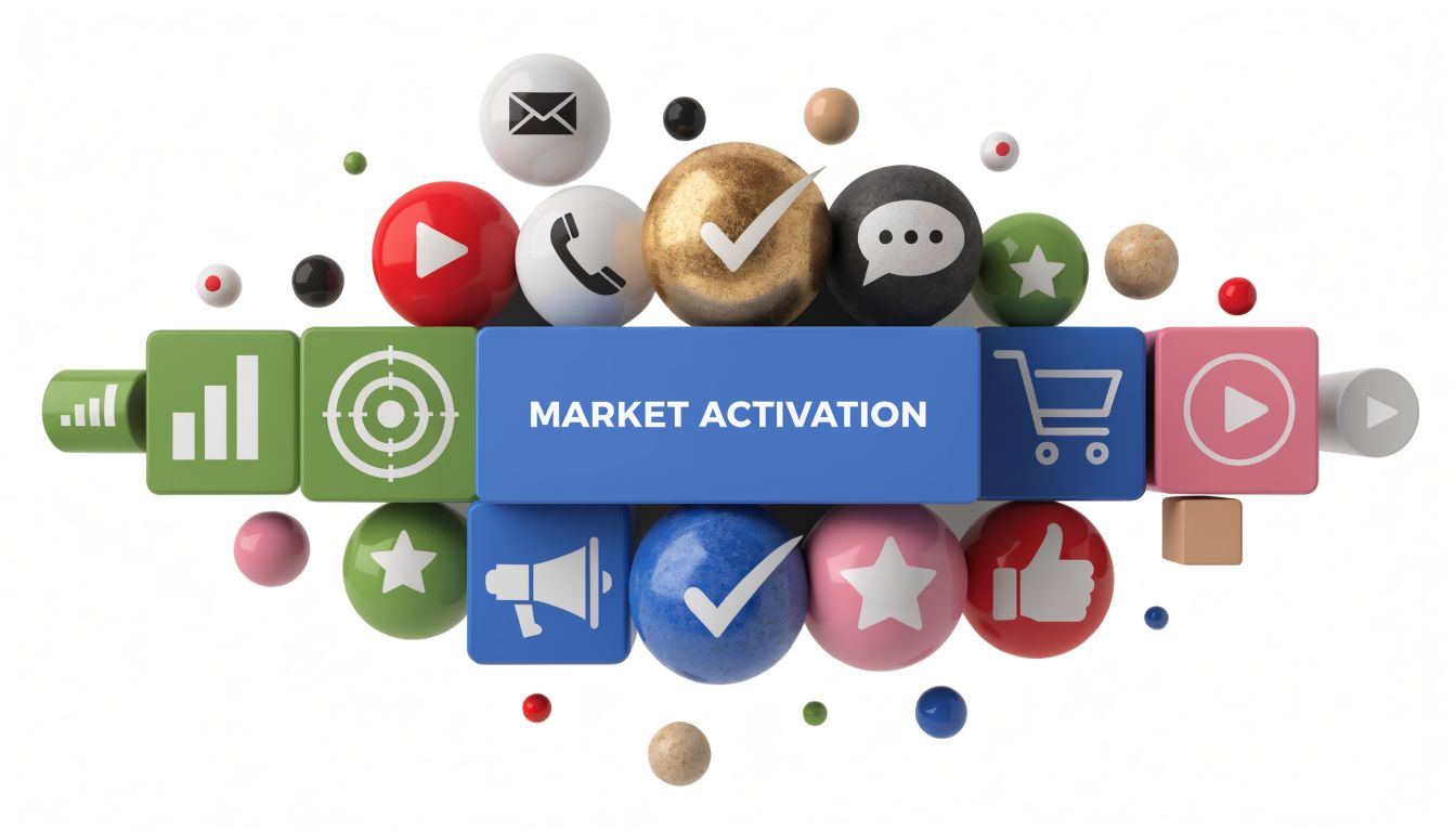 A 3D graphic showing the words MARKET ACTIVATION surrounded by various marketing, social media, and business icons.