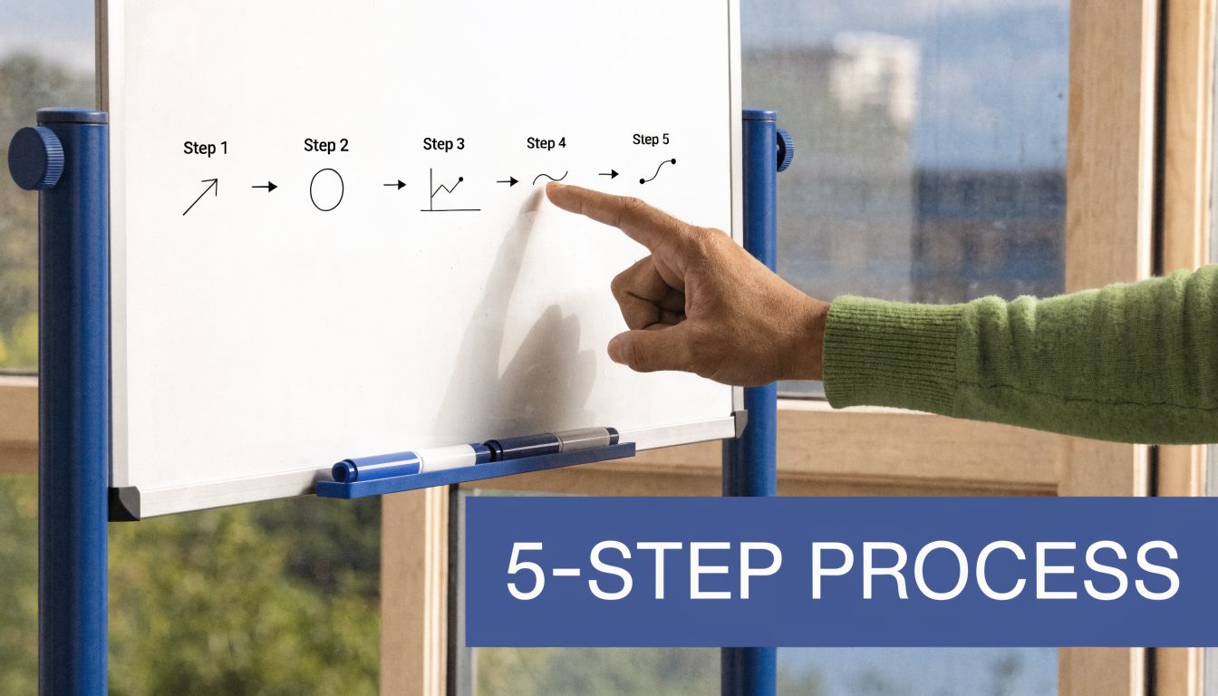 A hand pointing to a whiteboard illustrating a 5-step process with simple line drawings for business development.