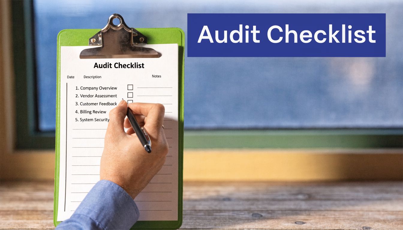 A person writing on an audit checklist held on a green clipboard near a bright window.