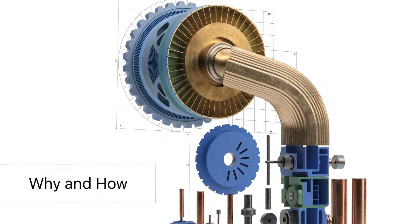 A detailed 3D rendering of complex mechanical components arranged in an engineering schematic layout.
