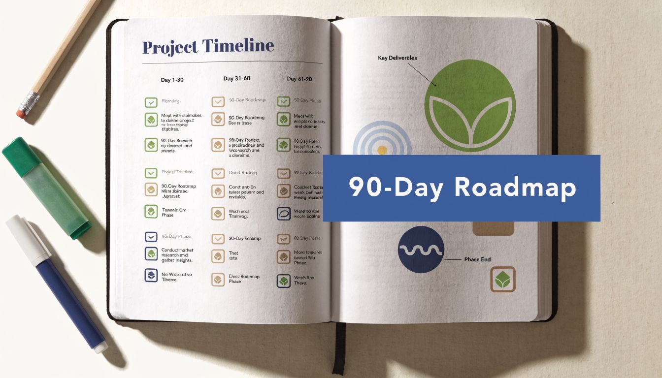A 90-day project roadmap timeline open in a notebook with pens on a desk.