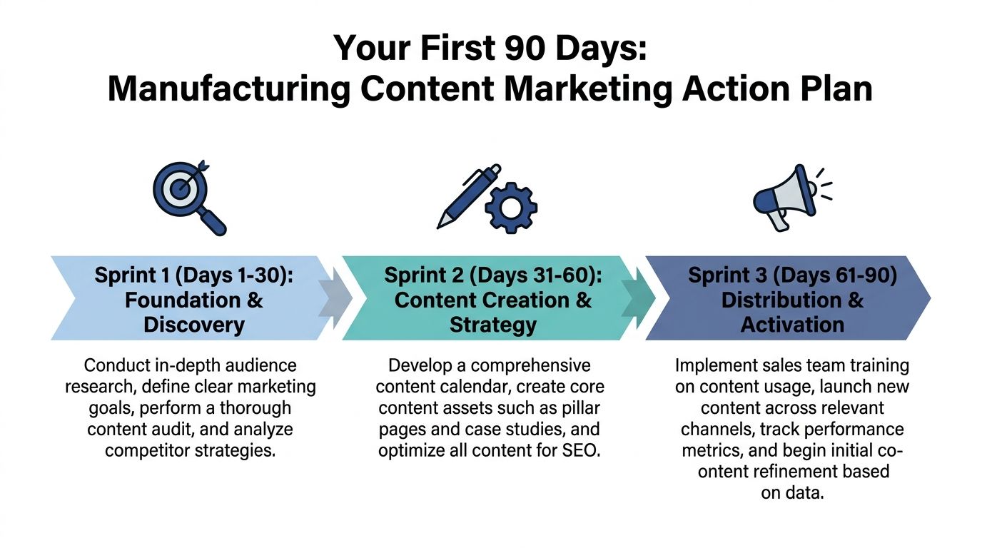 A strategic three-part plan outlining marketing steps for manufacturing companies over the first ninety days.