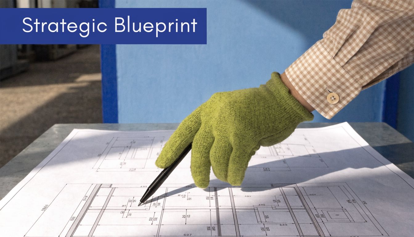 A gloved hand uses a pen to point at specific details on a complex building blueprint.