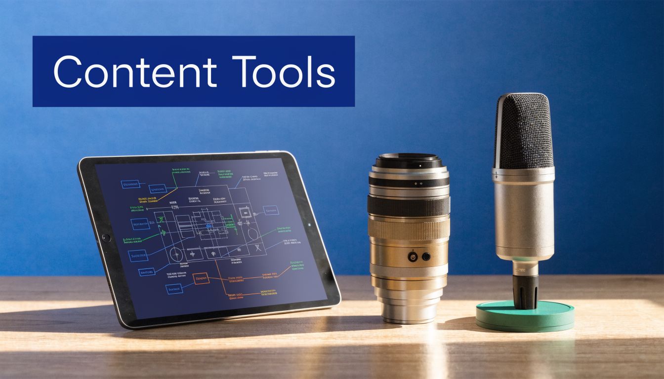 A tablet displaying a complex technical workflow chart sits next to a professional camera lens and microphone.