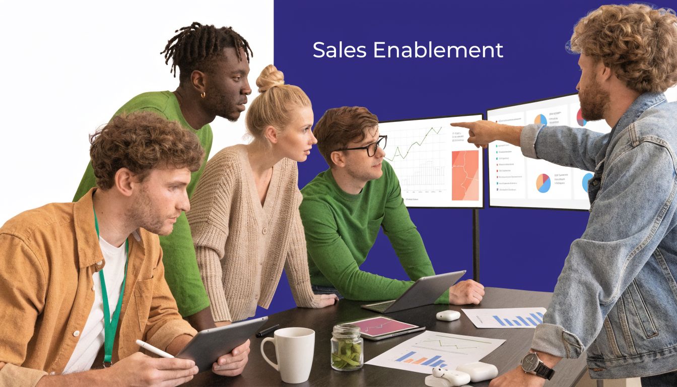 A diverse team collaborating in a professional office setting while reviewing sales data on large digital screens.