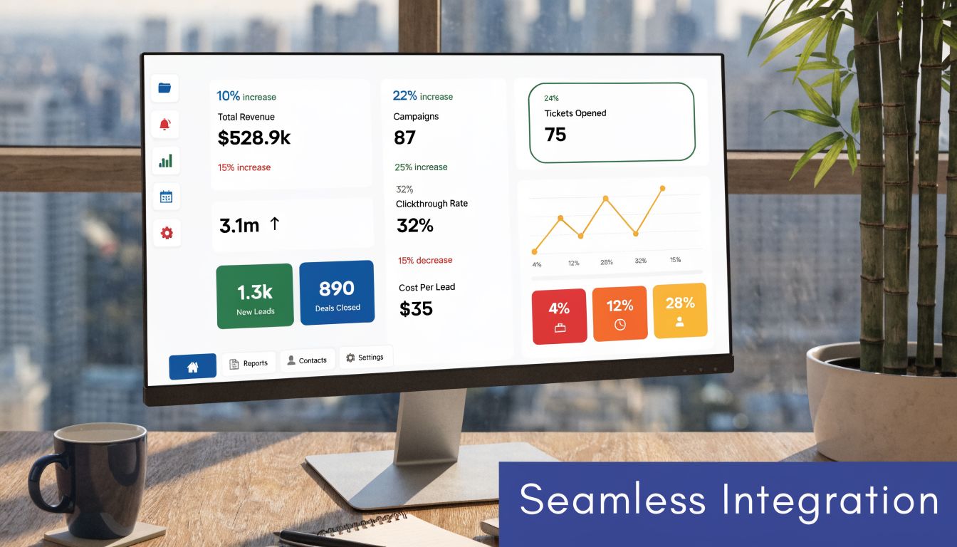 A computer monitor displaying a business dashboard with performance metrics on a desk overlooking a city skyline.