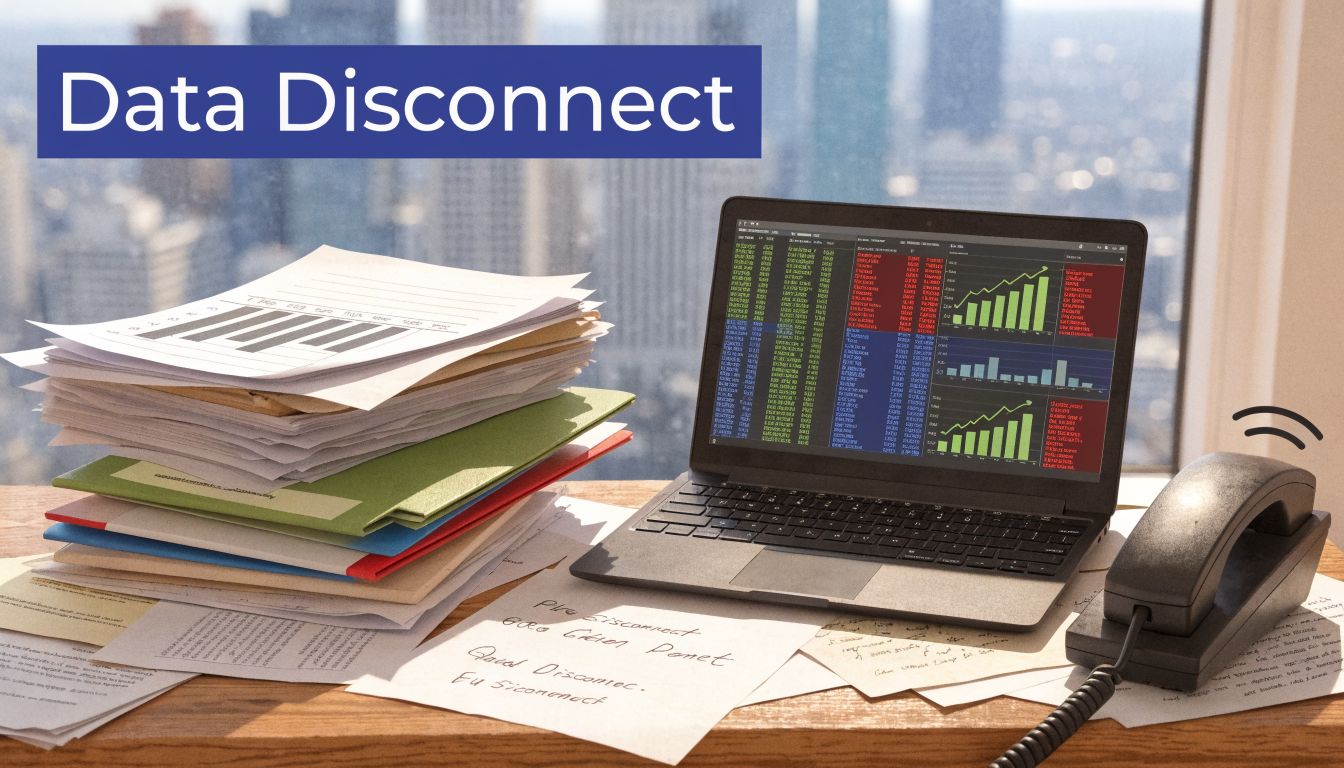 A laptop showing financial data charts sits on a desk next to a large pile of documents.