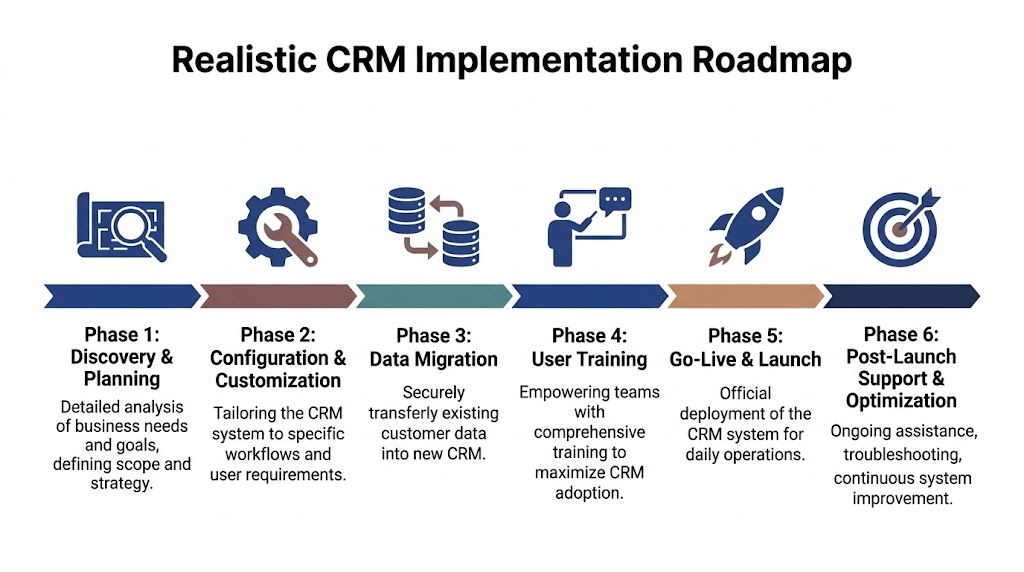 A six-phase roadmap diagram illustrating the realistic step-by-step process for implementing a business CRM system.