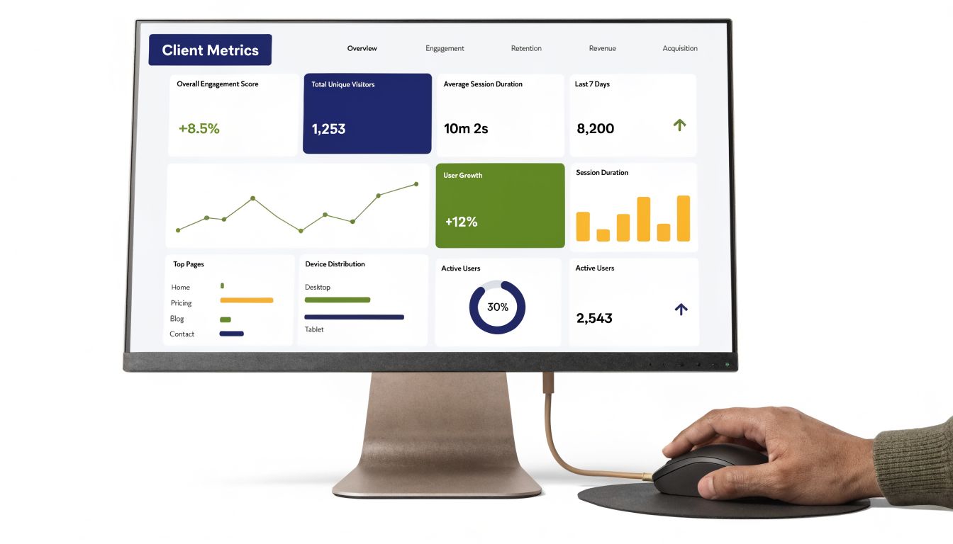 A professional desk setup featuring a modern monitor displaying a comprehensive client engagement analytics dashboard interface.