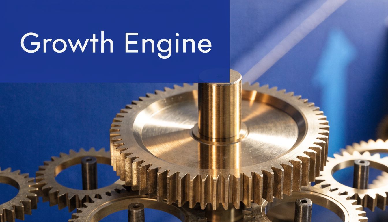 A close-up view of metallic gears interlocked together under a blue banner labeled Growth Engine.