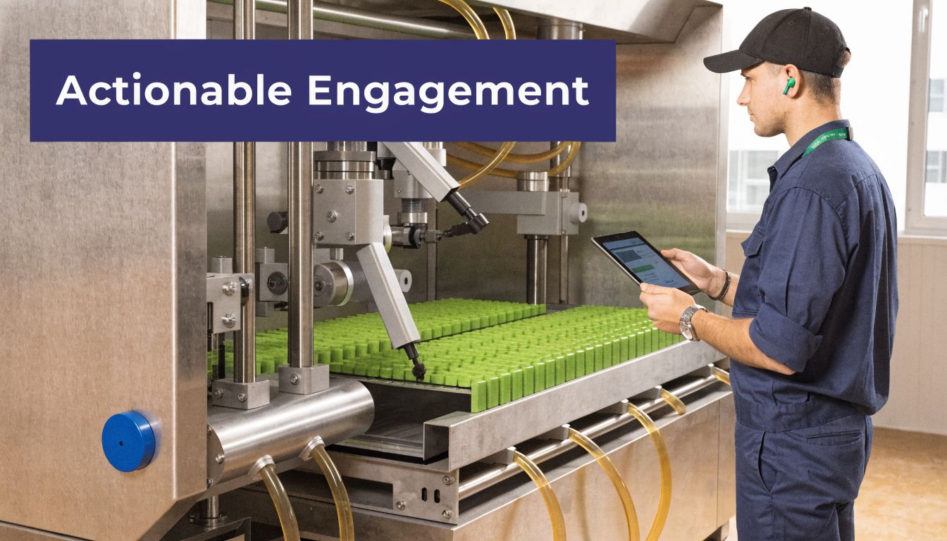 A technician wearing a uniform using a tablet to monitor industrial machinery in a manufacturing facility.