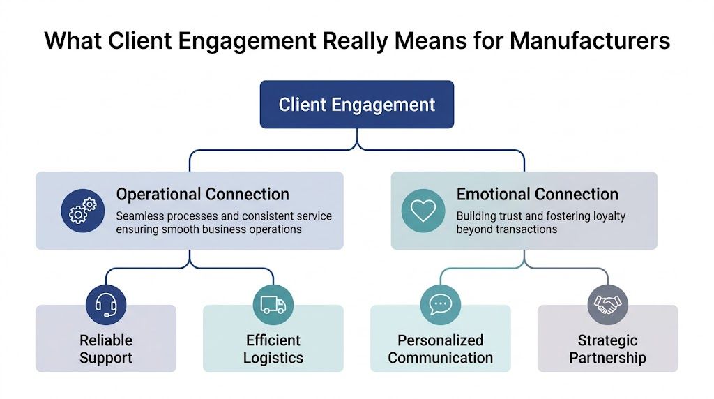 A diagram outlining the two main components of client engagement for manufacturers: operational connection and emotional connection.
