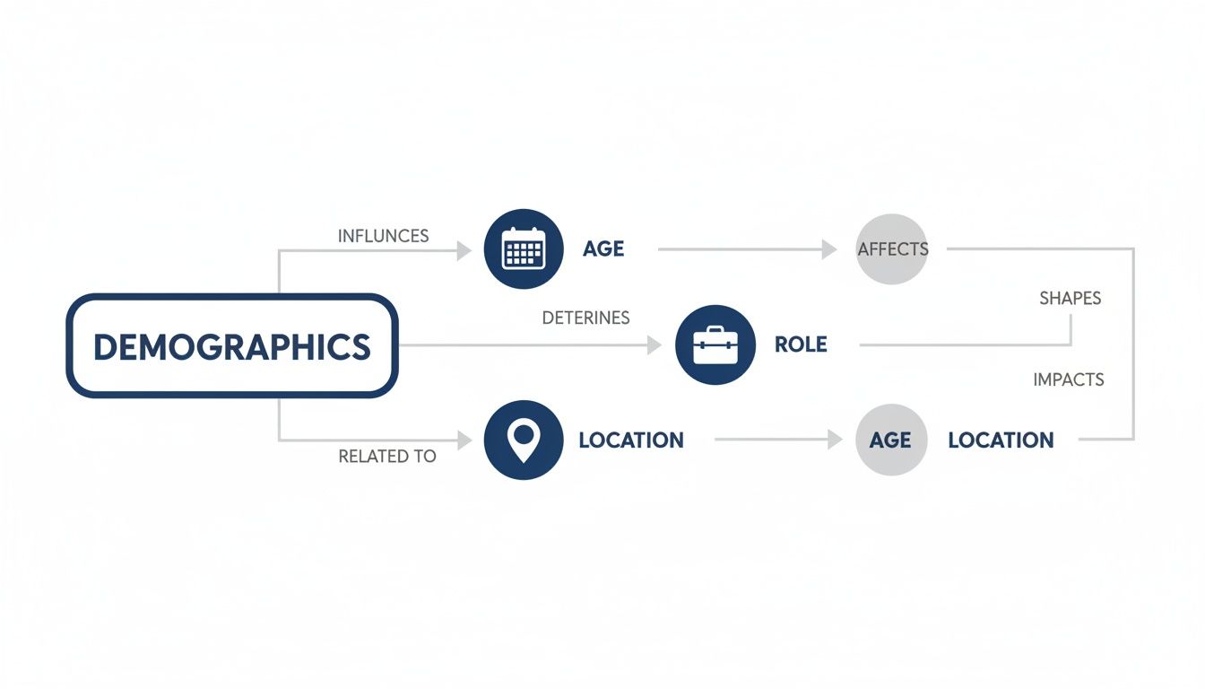 A flowchart illustrates how demographics influence age, role, and location, and their subsequent effects.